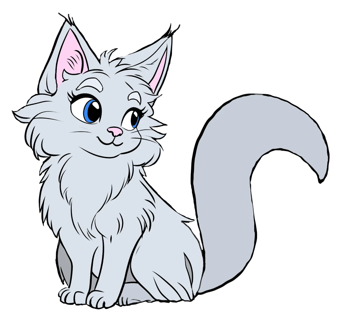 Purrfect Kitty smiling with her fluffy tail curled