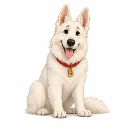 [PLACEHOLDER] Bella, a gentle white German Shepherd with a red collar and B charm