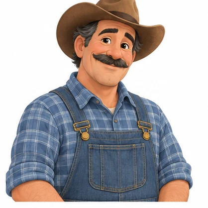[PLACEHOLDER] Farmer Del, a kind farmer in a cowboy hat and overalls